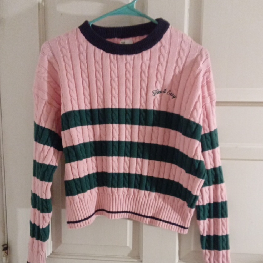 All in Motion Pink and Green Striped Crew Neck Sweater